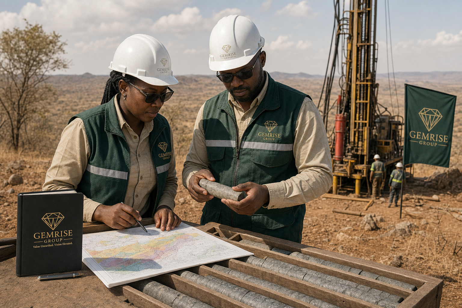 Black Zimbabwean geologists reviewing exploration data in the field