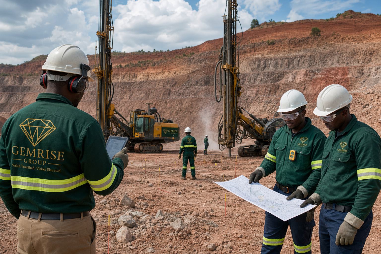 Black Zimbabwean drilling and blasting team at an open pit mine